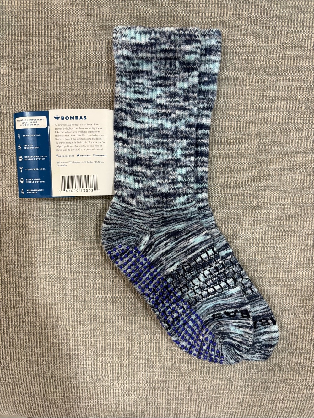 Bombas women gripper Blue Marled Crew Socks